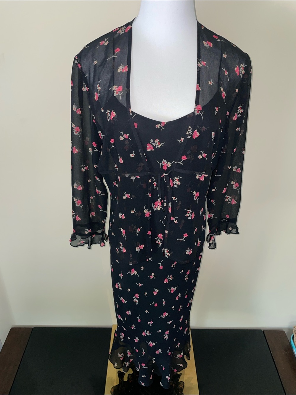 100% Silk 2 peice Black Floral Midi Dress w/ Sheer Overlay and Pink Blossoms